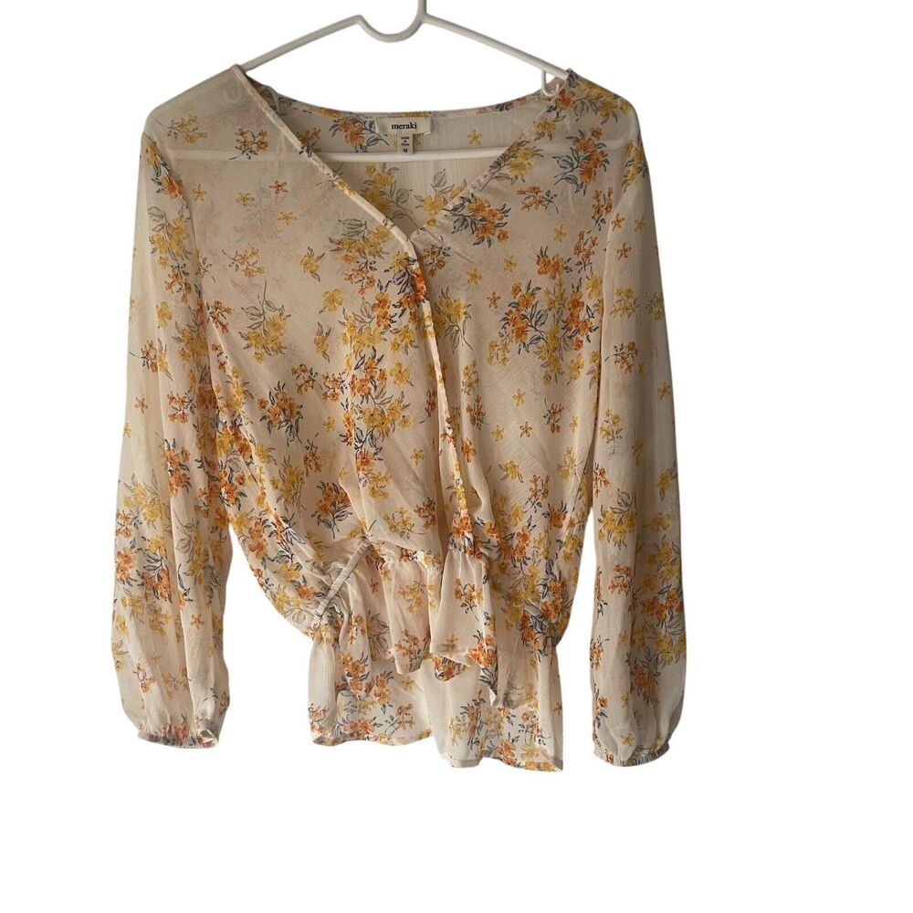 Anthropologie Meraki Size Medium Feminine Floral Sheer Babydoll Ruffle Top